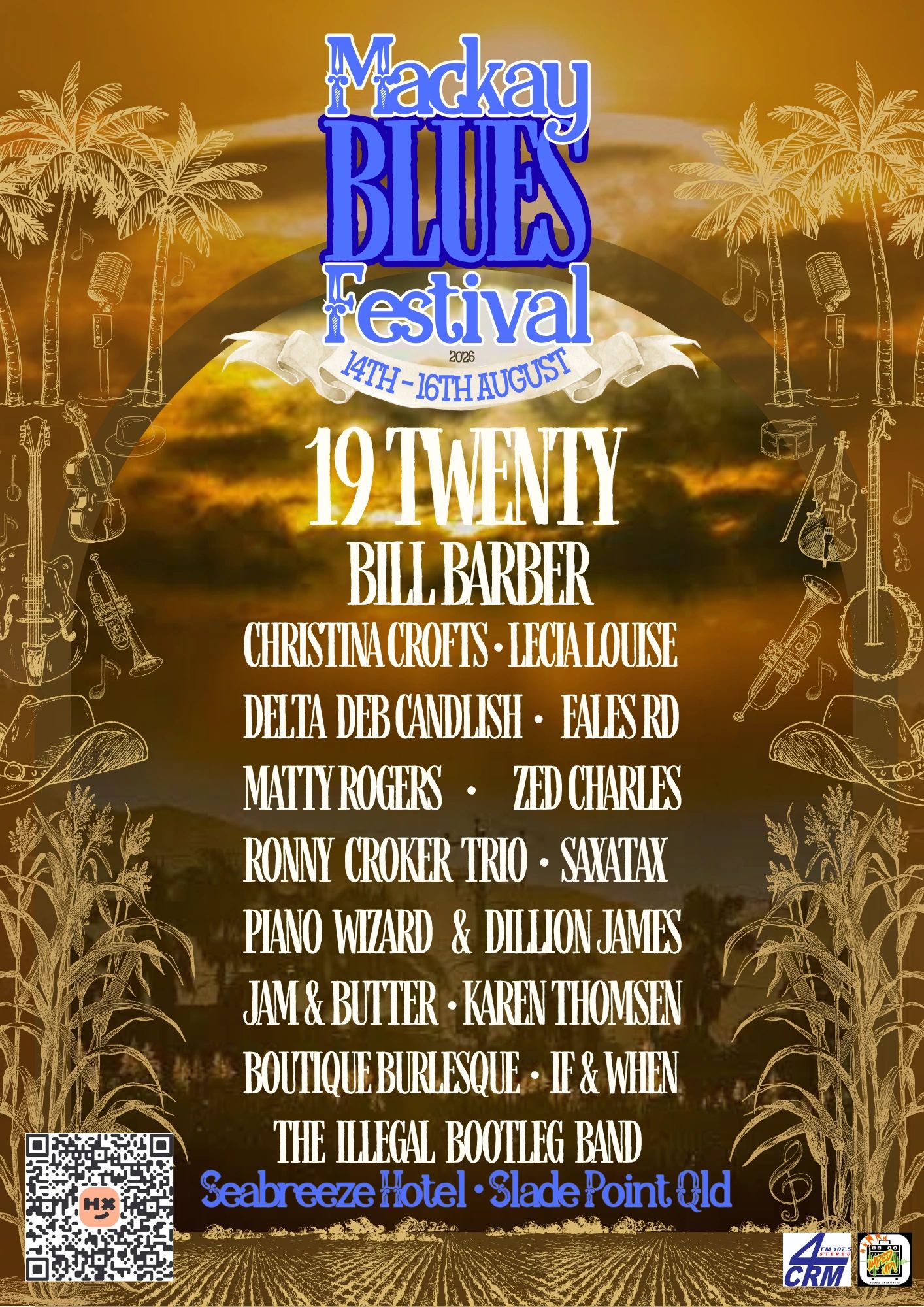 Mackay Blues Festival poster with artist lineup, dates, and venue details.