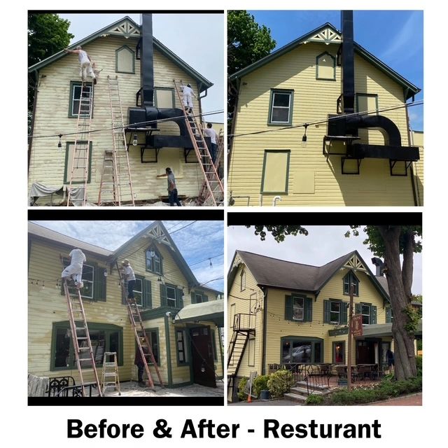 Collage showing a restaurant's exterior before and after a fresh paint job.