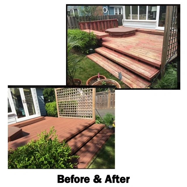 Wooden deck transformation showing before and after renovation.