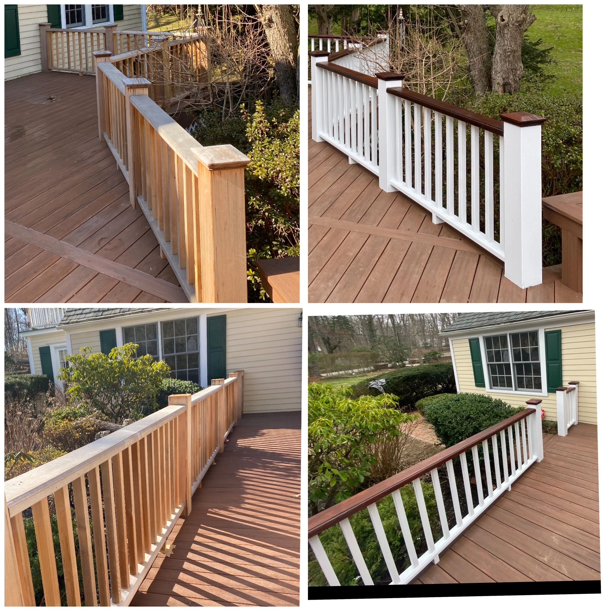 Before and after images of a deck railing transformation from natural wood to painted white with brown top.