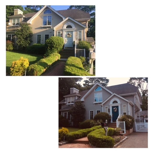 Two photos of a charming house with well-maintained shrubs and a welcoming entrance.