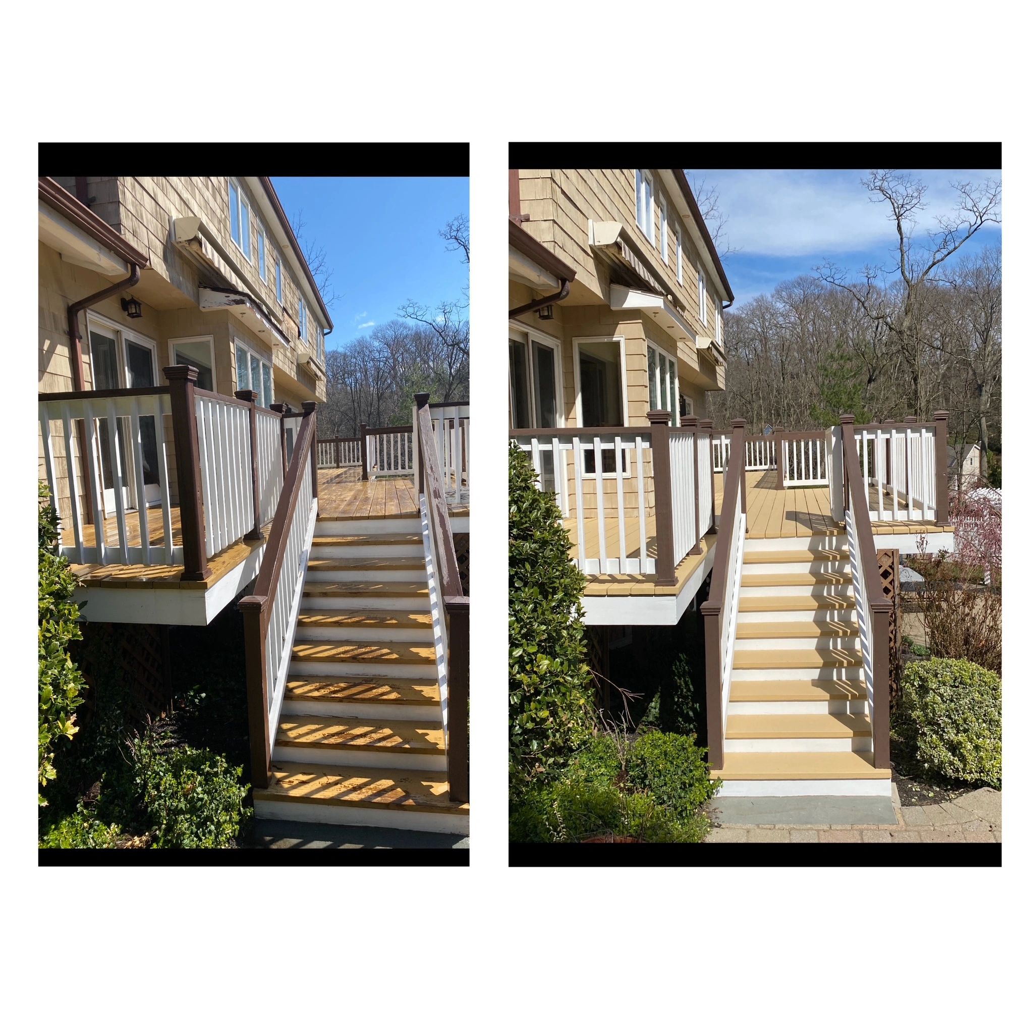 Before and after of a freshly painted outdoor staircase and deck railing.
