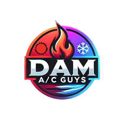 Logo for DAM A/C Guys with fire, sun, snowflake, and water icons.