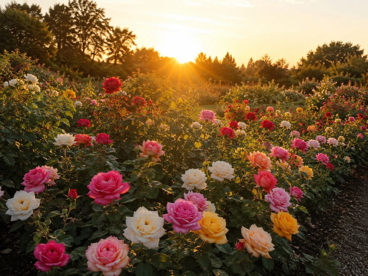 Sunset over a colorful rose garden.