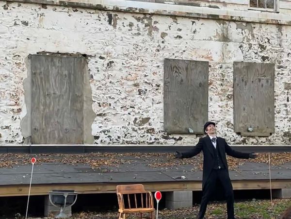 Joseph Smith performing as Frederick Law Olmsted in front of Olmsted-Beil House.