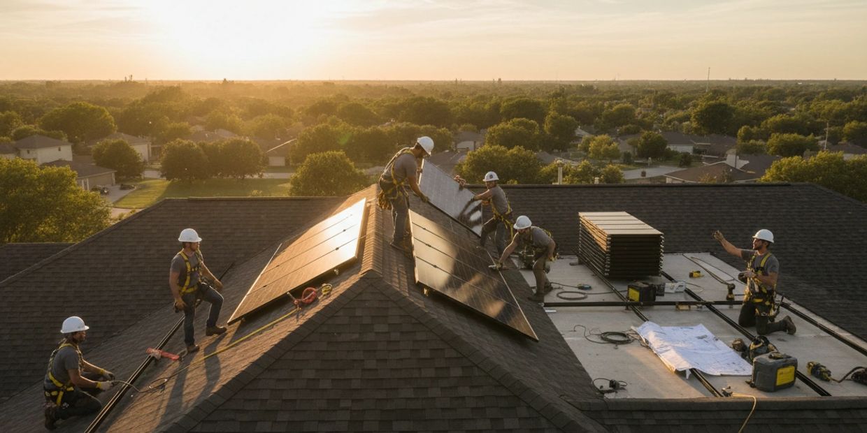 Workers install solar panels on a rooftop at sunset.
