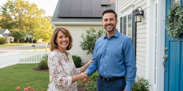 A smiling sales representative shaking hands with a happy woman.