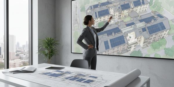 A solar sales representative reviewing a plan on a white board.
