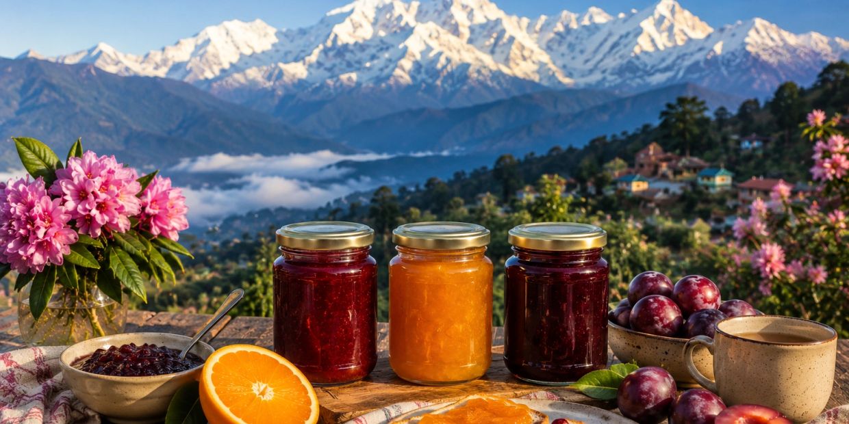 Jars of jam and fresh fruits with snowy mountains in the background.
