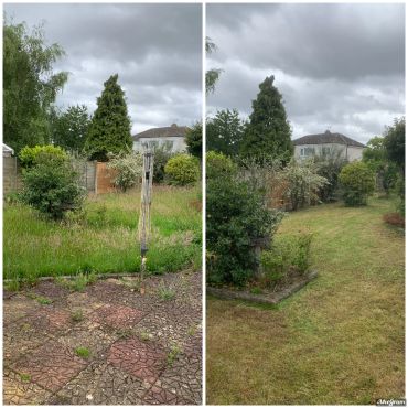 Before and after images of a garden transformation.