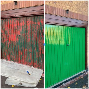 Garage door prepared, filled and painted