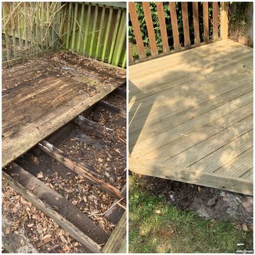 Old decking  and rotten joists replaced with new joists and boards