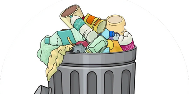 Overflowing trash can with waste spilling out.