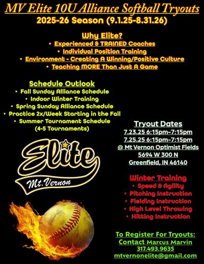 MV Elite 10U Alliance Softball Tryouts for 2025-26 season with training and tryout dates.
