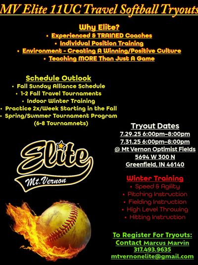 Flyer for MV Elite 11UC Travel Softball Tryouts with schedule, training details, and contact info.