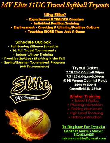 Flyer for MV Elite 11UC Travel Softball Tryouts with schedule, training details, and contact info.