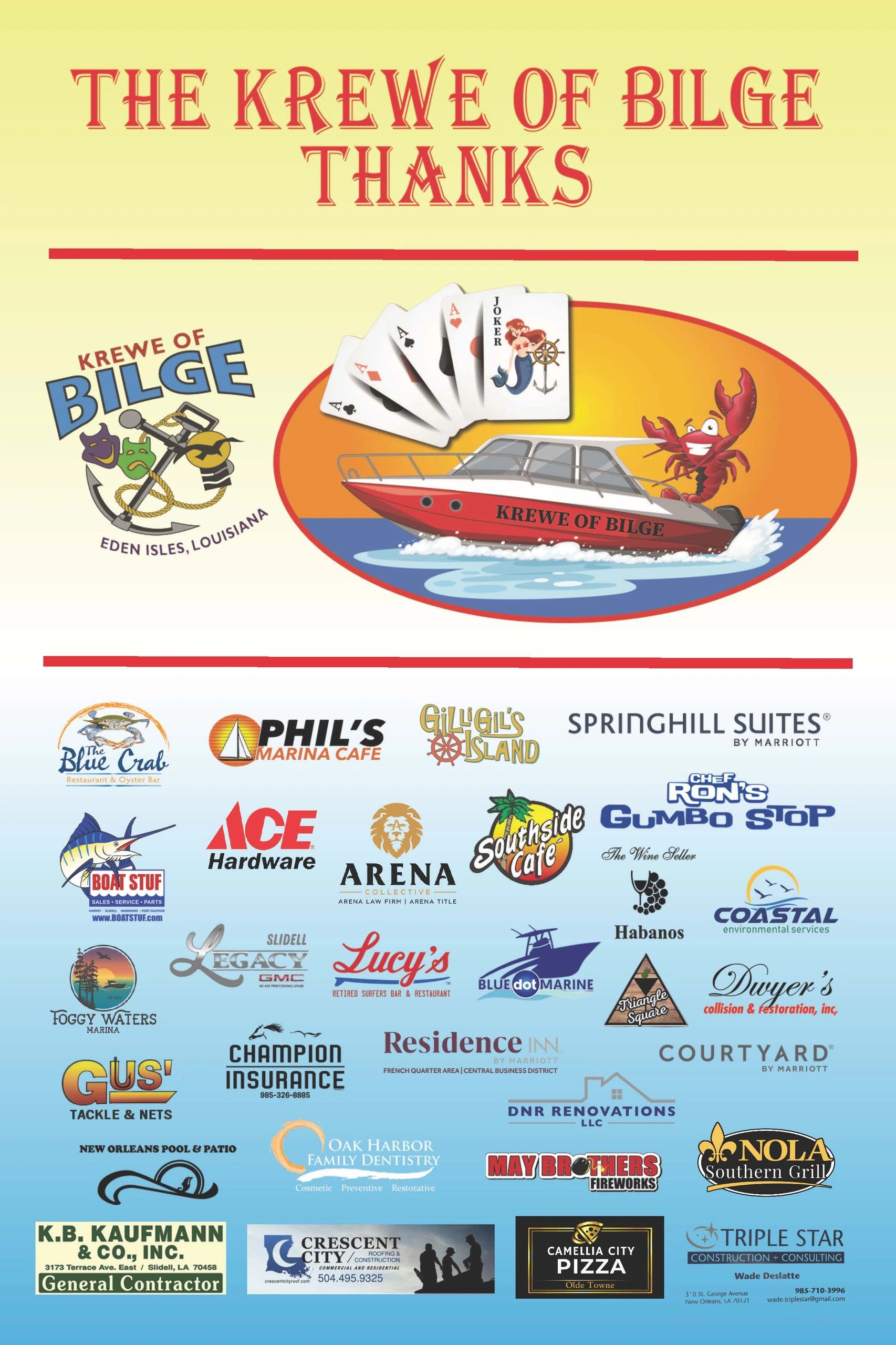 Sponsor thank you poster for Krewe of Bilge event in Louisiana.