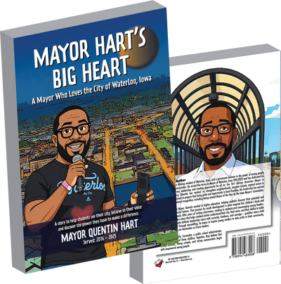 Book cover of Mayor Hart's Big Heart, featuring a cartoon mayor holding a microphone.