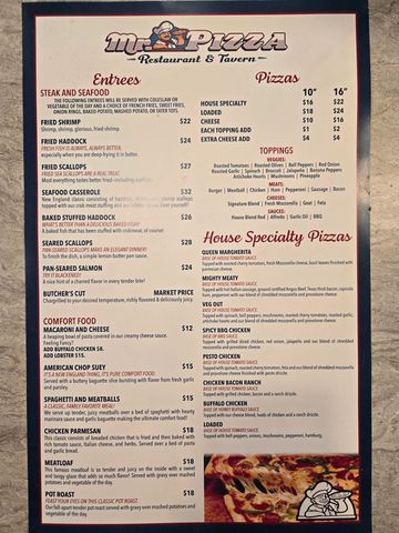 Menu featuring entrees, house specialty pizzas, burgers, seafood & more!