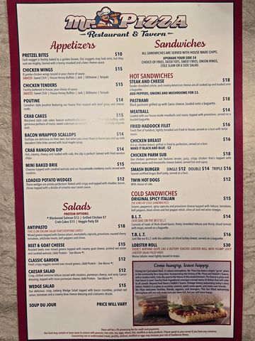Menu board featuring appetizers, sandwiches, salads, and sides at M&amp;P Pizza Restaurant.