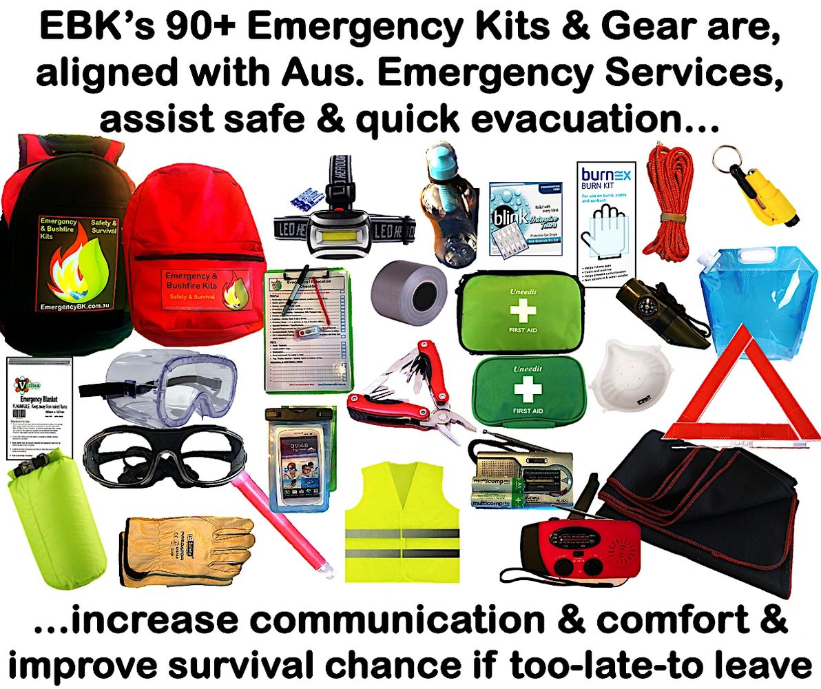 emergency kits, safety equipment, survival kits for evacuation, bushfires, floods, cyclones, ebk