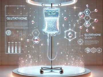 IV drip labeled Glutathione Glow with molecular graphics and sparkles.