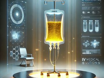 Futuristic medical IV drip in a high-tech setting.