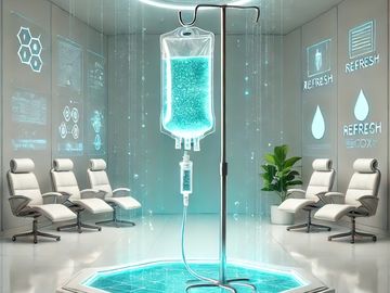 Futuristic IV drip setup in a high-tech medical room with holographic displays.