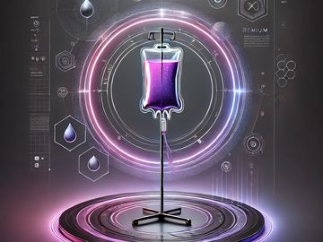 A futuristic IV bag filled with glowing purple liquid in a high-tech medical setting.