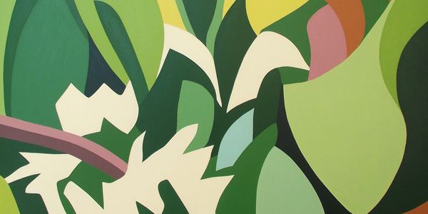Abstract painting with green, white, and brown shapes.