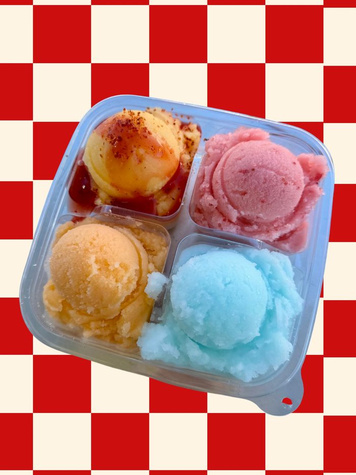 mangonada, strawberry, orange cream and cotton candy italian ice