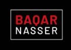 Logo with 'BAQAR NASSER' in bold text on black background.