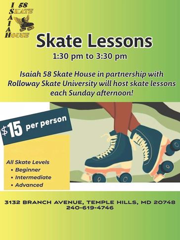 Flyer advertising Sunday skate lessons at Isaiah 58 Skate House for $15 per person.