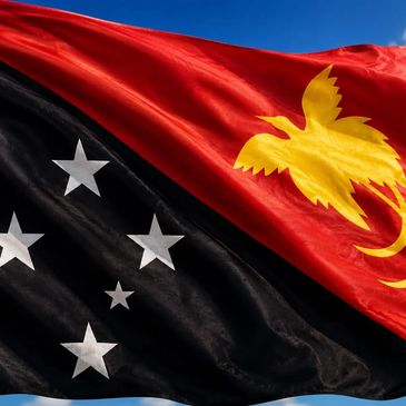 Flag of Papua New Guinea waving against the sky.