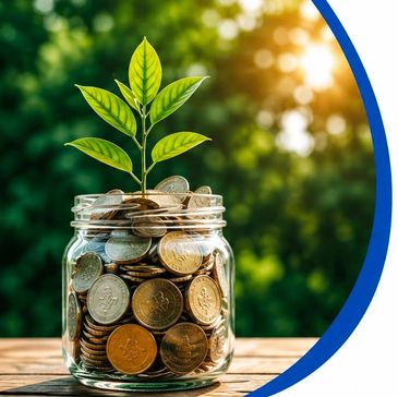 Plant growing from a jar full of coins.