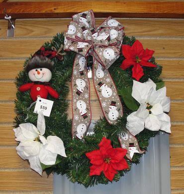 24” Greenwater Pine Wreath w/ Snowman Bow, Red Snowman Pick, Red & White Poinsettias 