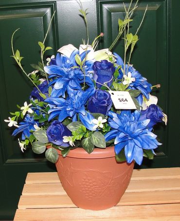 10” Clay Pot w/ Grape Design w/ Blue Dahlias, Roses & White Lilies 
