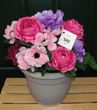 9” Pebble Pot w/ Pink Roses, Anemone, Lavender Hydrangeas & Burgundy Peonies 