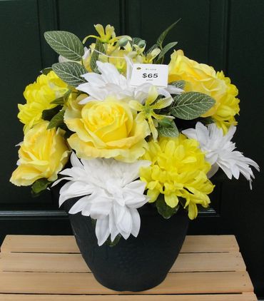 10” Green Pot w/ Grape Design w/ Yellow Roses, Ball Mums & White Dahlias