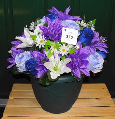 10” Green Pot with Grape Design with Light Blue Roses, Royal Blue Rosebuds, White Lilies & Purple Da