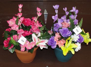 8” Pots with Roses, Delphinium, Hibiscus & Lilies  
