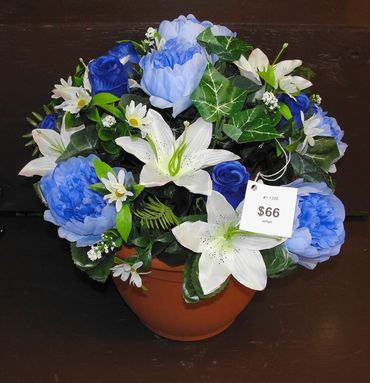 10" Clay Pot with Ivy,  Light Blue Peonies, Royal Blue Roses & White Lilies