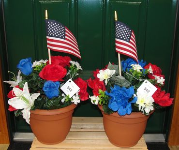 8" Clay Pots with Red, White & BLue Flowers, Ivy & Small Flag