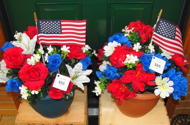 10" Pots with Red, White & Blue Flowers & Flag