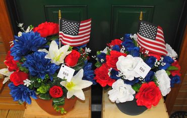 10" Pots with Red, White & Blue Flowers & Small Flag