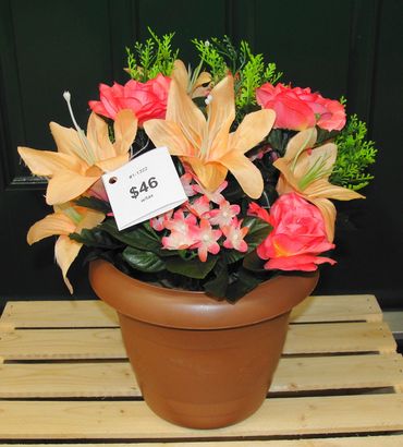 7” Clay Pot with Peach Lilies, Hydrangeas & Coral Roses