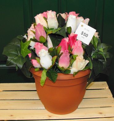8" Clay Pot with English Ivy, Pink and Ivory Rosebuds with Dew