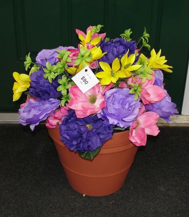 12” Clay Pot with Purple & Lavender Peonies, Pink Hydrangeas & Magnolias, Green & Yellow Freesia  
