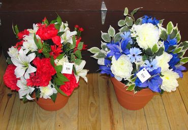 12” Clay Pot with Ficus Leaves, Peonies, Daisies, Hydrangeas & Lilies - Red/White or Blue/White
