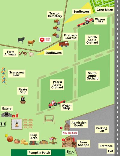 Map of a farm with various attractions and orchards.